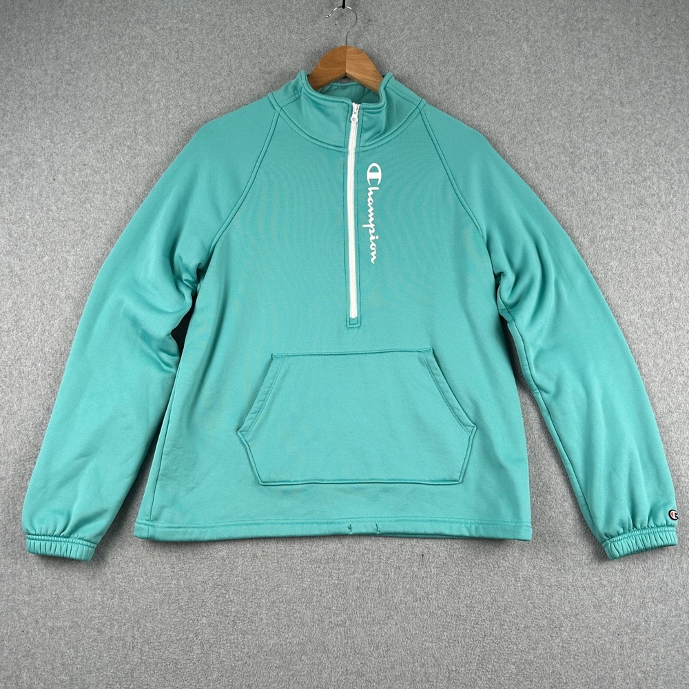 Champion Fleece Pullover Women Size M Teal Quarter Zip Logo Pocket‎ Active